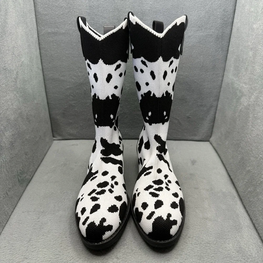 Women's Cow Print Knit Ankle Boots Size 40 Black White Block Heel Western
